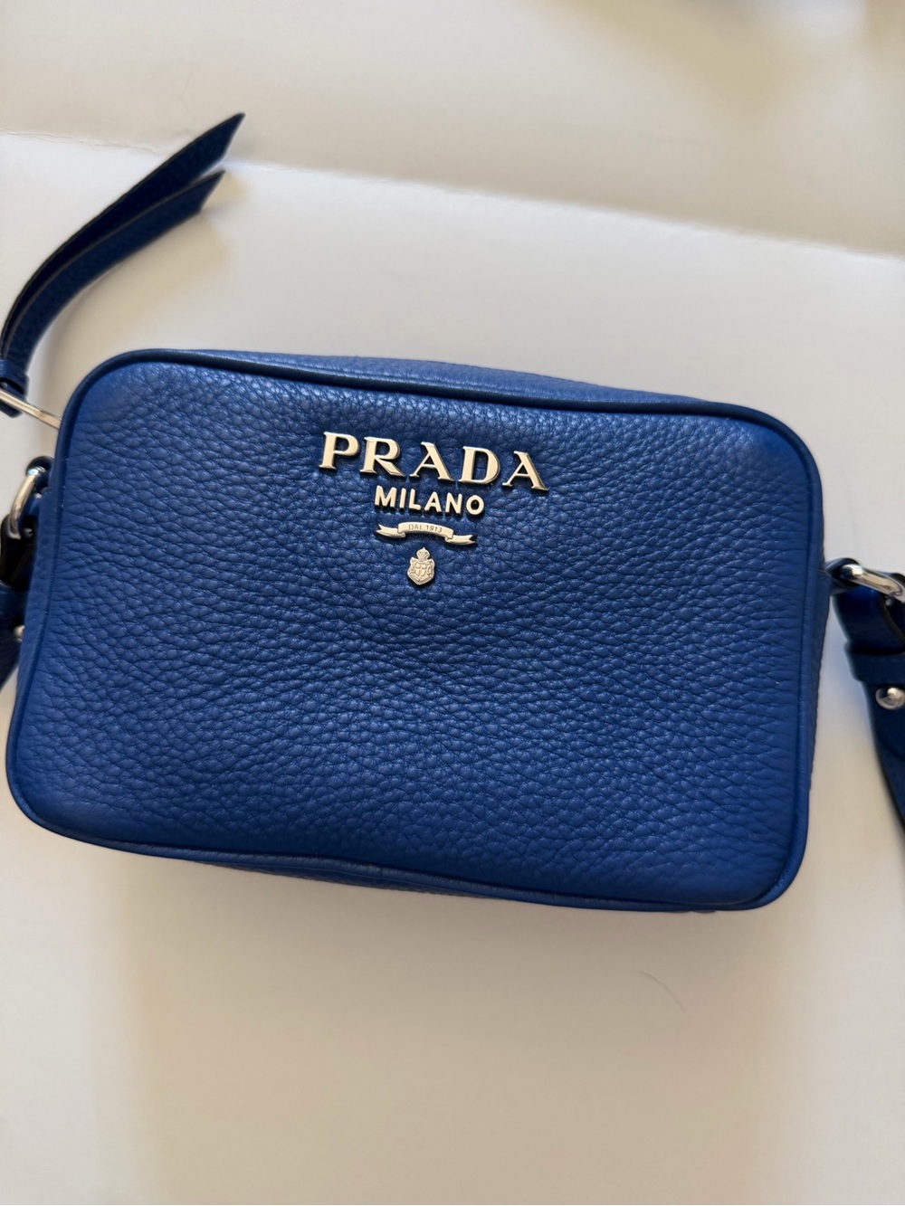 Prada Blue Pebbled Leather Crossbody Camera Bag